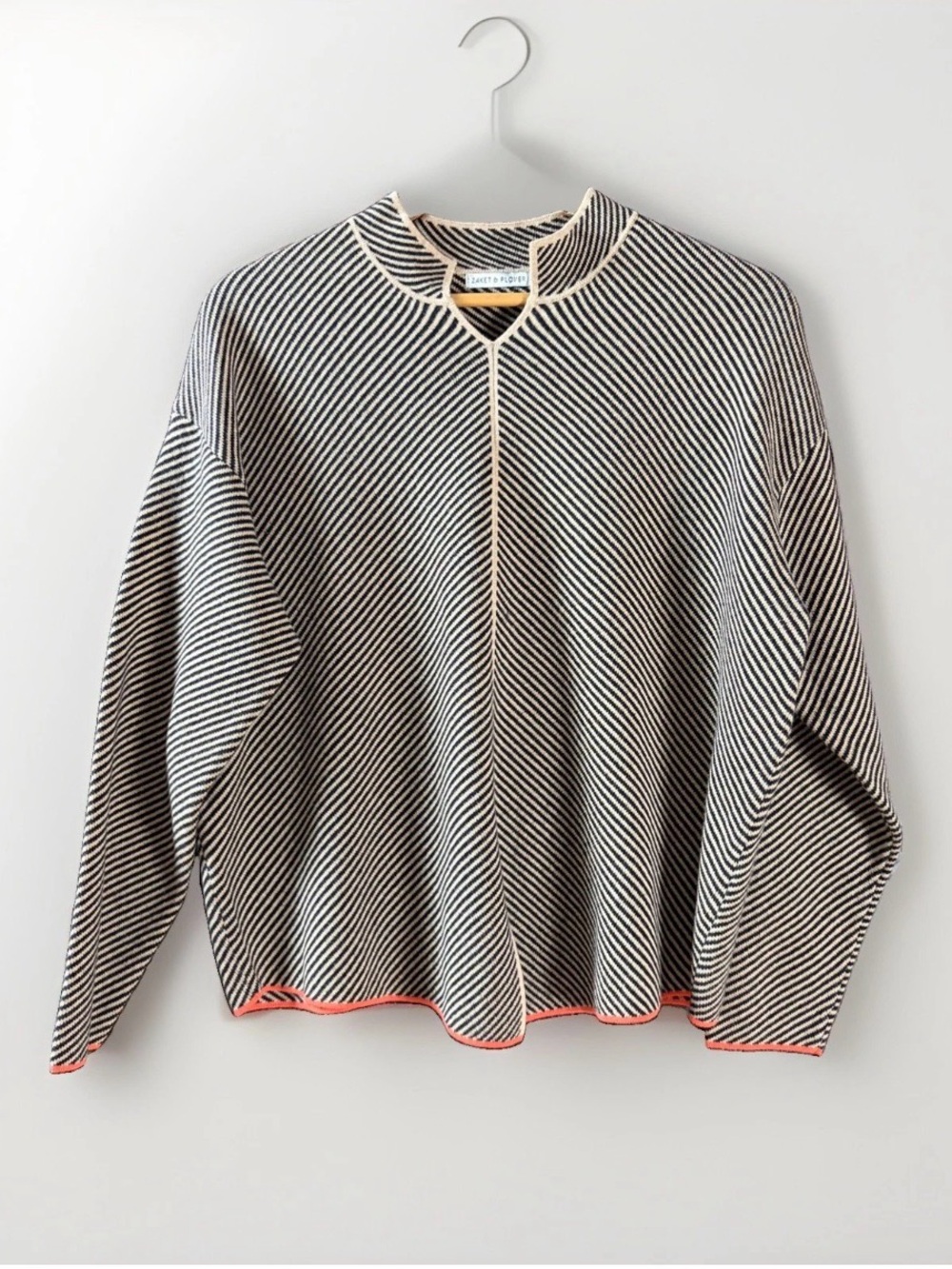 Zaket & Plover Cotton Cashmere Neru Split Collar Striped Sweater Womens XL